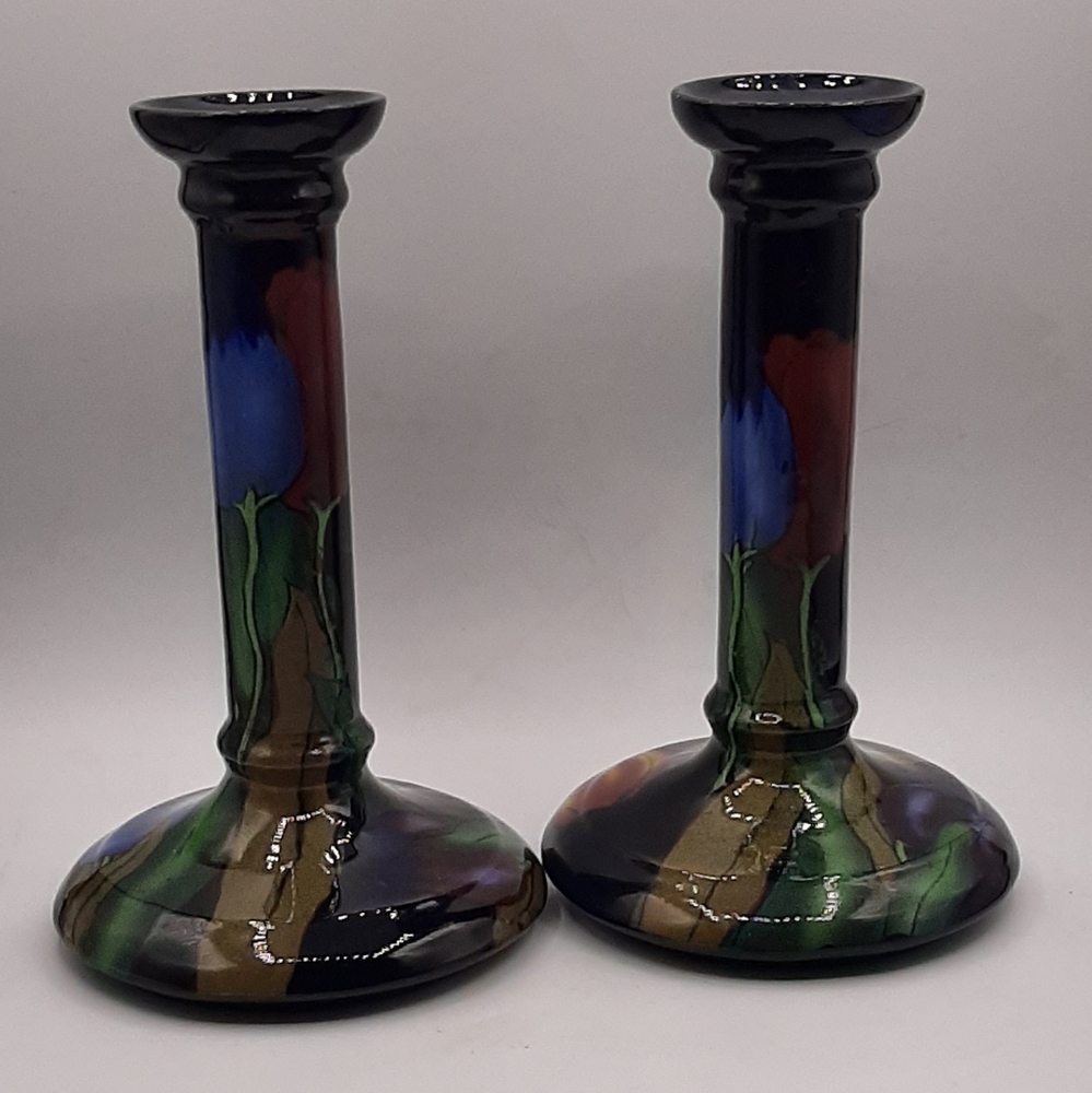 Vintage Stanley Ware Jacobean Tulip Candle Stick Holders Very Moorcroft In Style